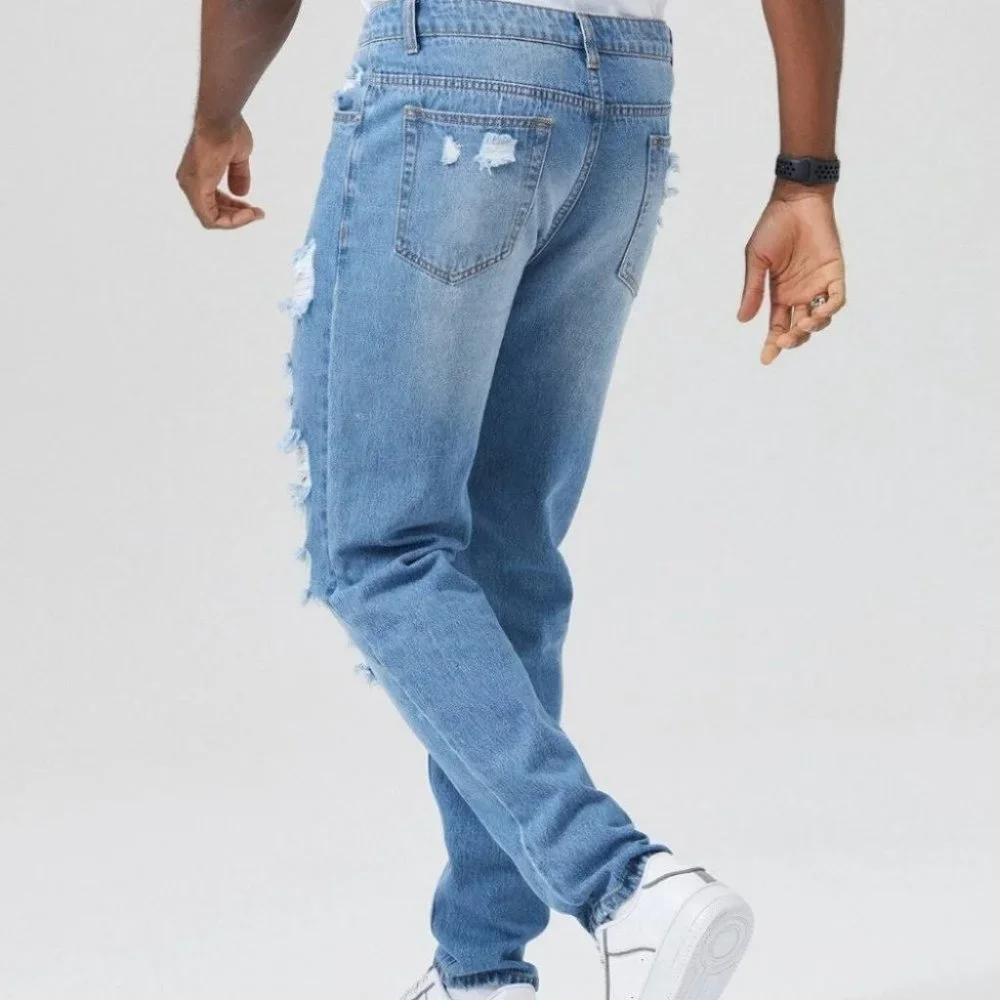 Mens Ripped Frayed Tapered Jeans - Picture 5 of 5